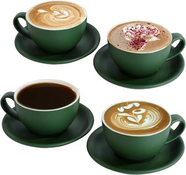 Набір кавових чашок Капучіно Yundu 4шт по 300мл - керамічні чашки з блюдцями, матові темно-зелені відтінки для лате-арту та бариста, великий набір мока чашок та блюдець