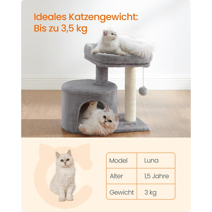 Драбина для котів Feandrea, кігтеточка з сизалю, платформа з м'якою оббивкою, для кошенят, сіра PCT50W