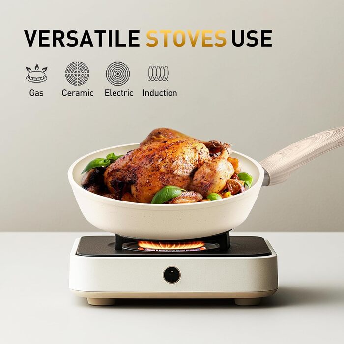 Набір посуду для індукції DishDelight, 12 предметів, гранітне антипригарне покриття, бежевий колір. Каструлі та сковороди з кришками.