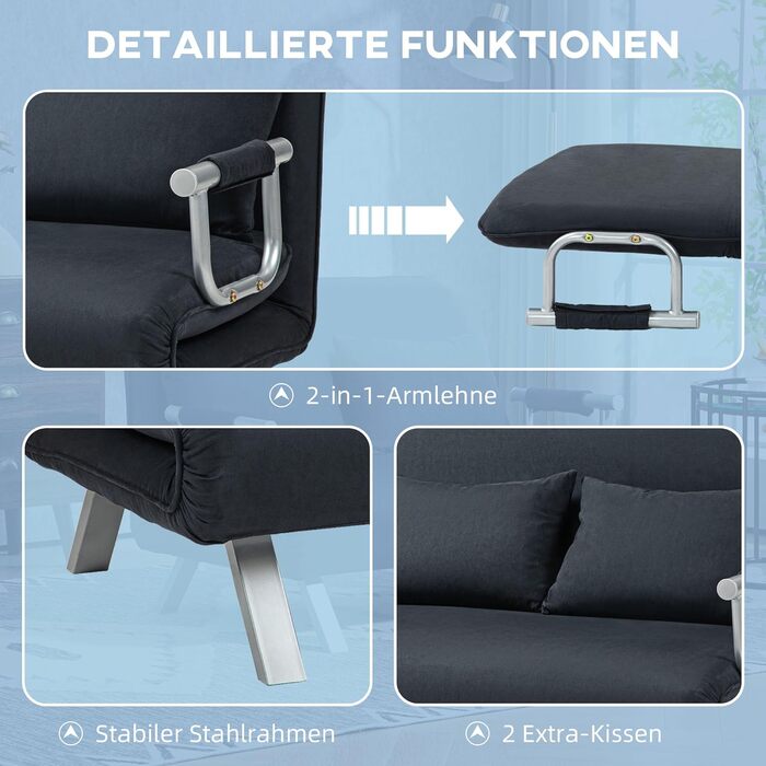 HOMCOM Convertible Sofa Bed with Adjustable Backrest, Throw Pillows, and Armrests