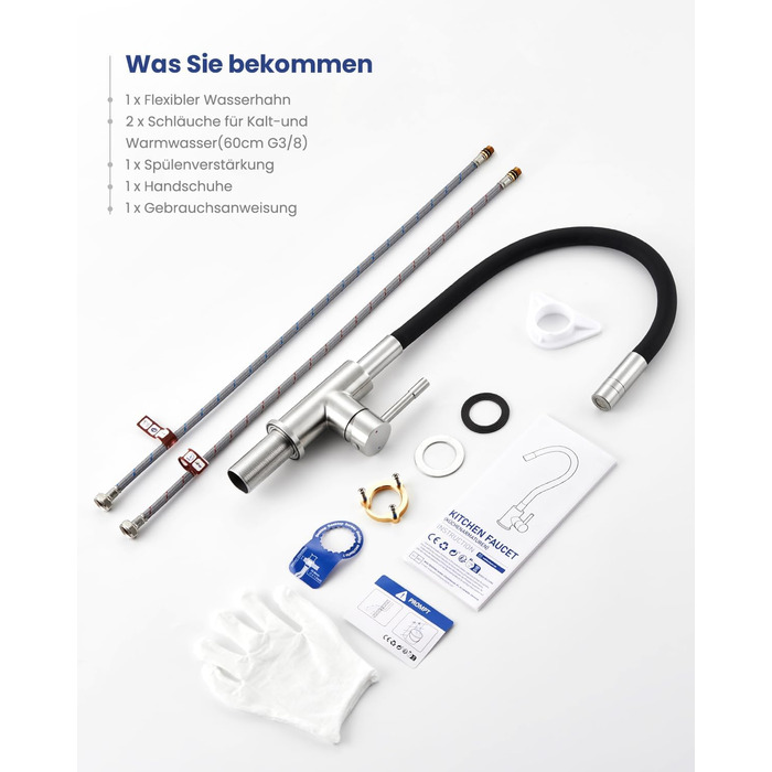 Чорний кухонний змішувач з гнучким виливом, 360° обертання, 2 режими струменя, нержавіюча сталь