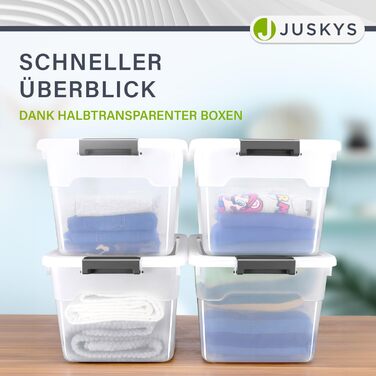 JUSKYS Storage Box with Lid - Set of 4 Plastic Boxes 45L - Large Box, Stackable, Transparent - Storage Organization System Storage Boxes