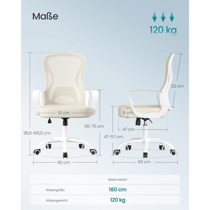 Офісний стіл SONGMICS, ергономічне крісло з сіткою, з підтримкою попереку, регульована спинка та підголівник, для дому та офісу, OBN041B01 (пісочний беж)