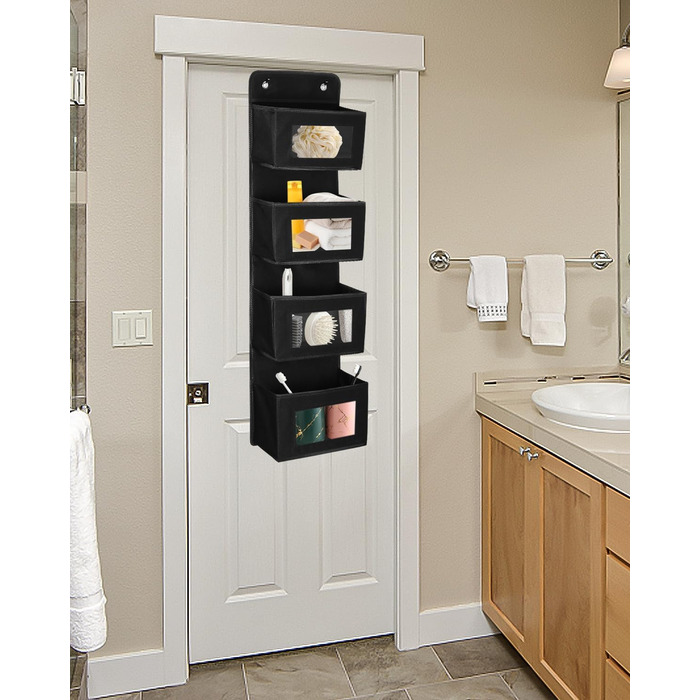 Настінна вішалка-органайзер на двері з 4 великими кишенями та прозорим вікном, 2 металеві гачки, чорний колір, для спальні, офісу, дитячої кімнати