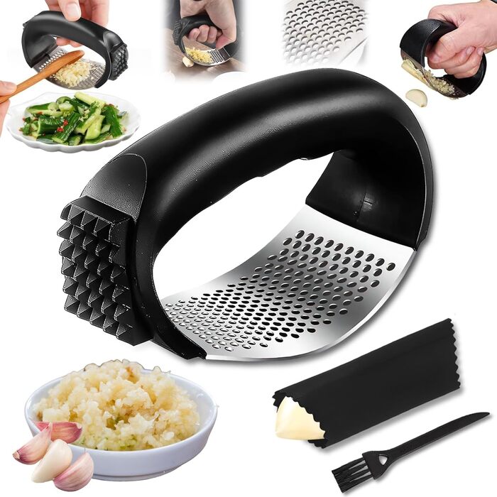 Прес для часнику Wippe з нержавіючої сталі, багатофункціональний, з очищувачем та щіткою для чищення. Підходить для часнику, імбиру та іншого. Можна мити в посудомийній машині.