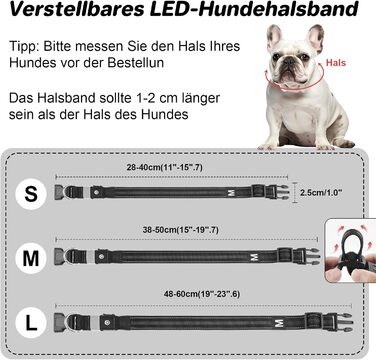 LED-нашийник для собак з підзарядкою USB, вологостійкий, регульований, 3 режими, для малих, середніх та великих собак (Чорний, L(48-60см))
