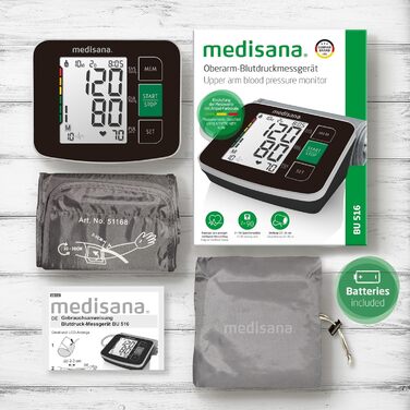Тонометр Medisana BU 516 на плече: вимірювання тиску та пульсу з пам'яттю, індикатор Ampel-Skala та виявлення нерегулярного серцебиття