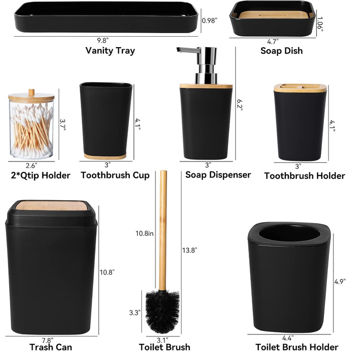 Набір аксесуарів для ванної кімнати, 9 предметів: сміттєвий бак, тримач для зубних щіток, стакан для зубних щіток, диспенсер для мила/лосьйону, тумбочка для ванної, мильниця, щітка для унітазу, контейнер для ватних паличок (Чорний, Комплект для ванної)