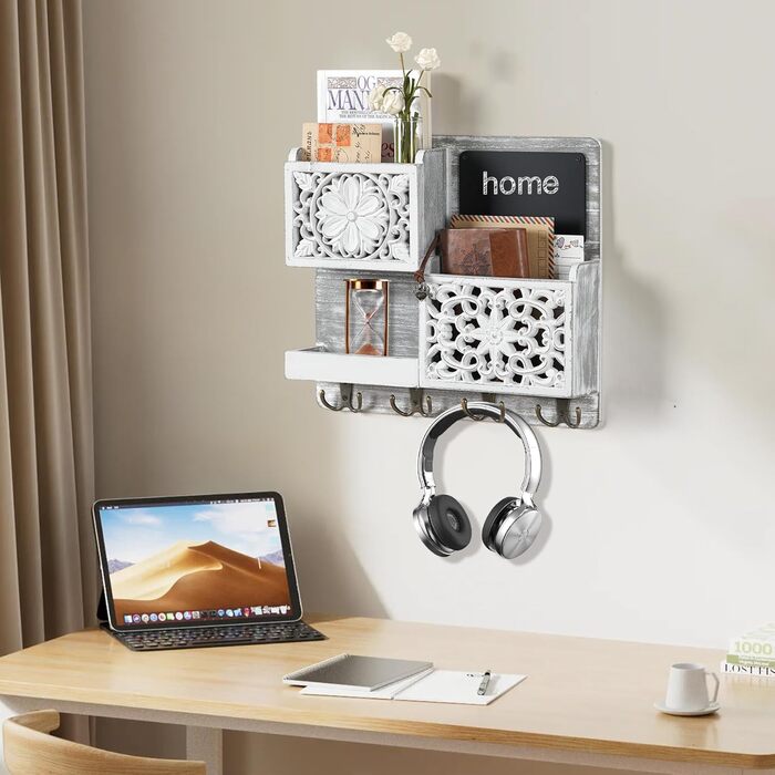 Дерев'яний ключниця з полицею на стіну, органайзер для ключів з 2 відсіками для листів, крейдяною дошкою та 8 гачками, вінтажний білий