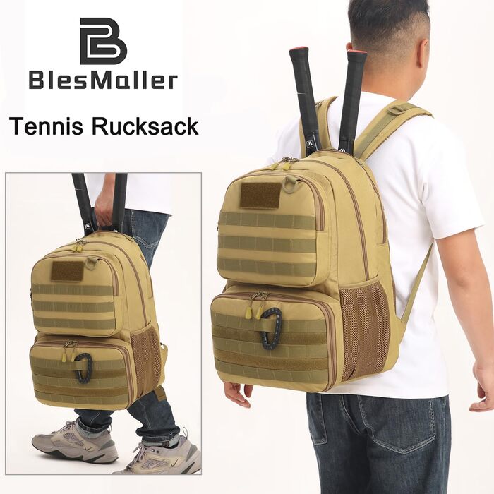 BlesMaller Tactical Tennis Backpack with Shoe Compartment & Racket Protection - Unisex Tennis Bag (Brown)