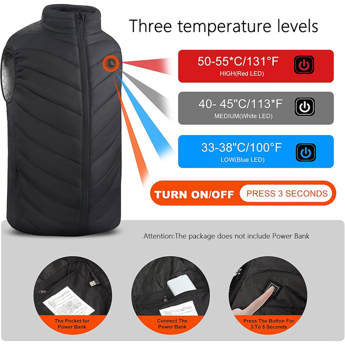 Обогрівальний жилет для чоловіків Monave: тепла куртка з 3 режимами для мотоцикла, кемпінгу, катання на лижах та повсякденного носіння. Чорний (Powerbank не входить до комплекту), XL