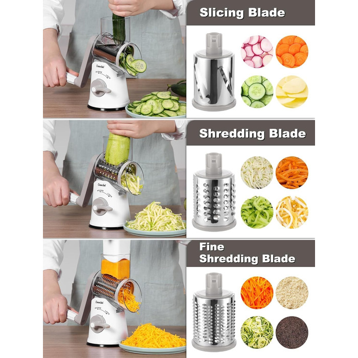 Трояк для овочів та сиру з 3 наборами ножів, білий. Ідеально для нарізки овочів, сиру, горіхів. 5 ножів