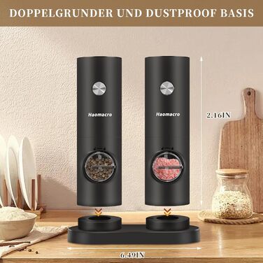 Haomacro Electric Salt and Pepper Grinder Set, Battery Operated, Electric Pepper Grinder Automatic Spice Grinder Salt Shaker with Base, LED Light, Adjustable in 5 Levels