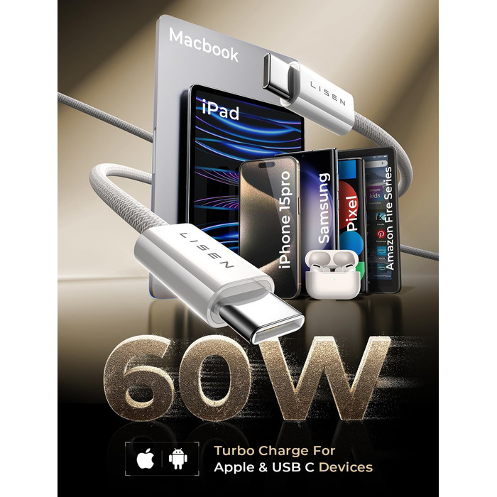 Набір USB-C кабелів LISEN 60W, [4 шт., 0,5м, 1м, 1м, 2м] для iPhone 17 Pro Max, Switch, Samsung Galaxy S25, MacBook, iPad, Xiaomi, Pixel (2м+2м, білий)