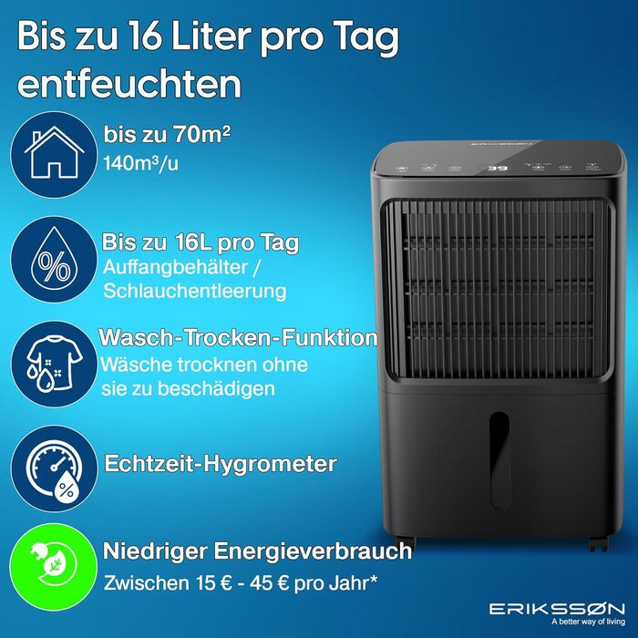 Зволожувач повітря Erikssøn з LED дисплеєм, таймером та захистом для дітей | видаляє 16 л вологи на добу | для приміщень до 140 м³ (70 м²) | енергоефективний зволожувач з датчиком вологості, білий (чорний)