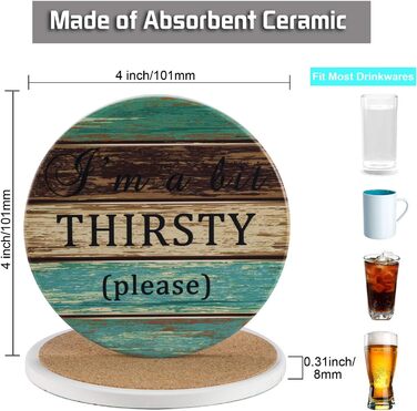 Drink coasters, absorbent, Esur fun ceramic coaster set of 6 with metal holder, rustic cork bottom table protector, farmhouse style bar, home decor, housewarming gift