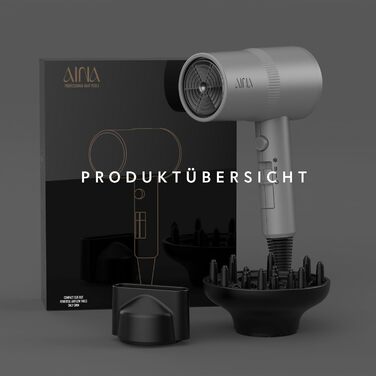 Фен AINA з дифузором для волосся | Іонська технологія, керамічне покриття, холодний струмінь | Швидке сушіння та блиск, 230V~ (Сірий)