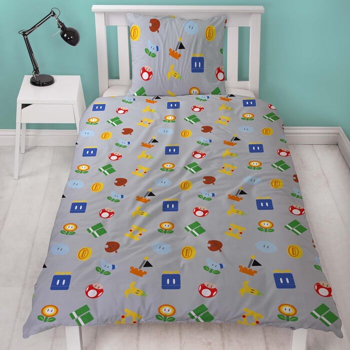 Комплект постільної білизни Kinder Super Mario для хлопчика 135x200/80x80 см, 100% бавовна, з блискавкою, з принтом Маріо, Луїджі, Піч та Стар