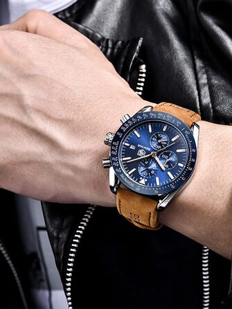 Годинник чоловічий Benyar Chronograph з кварцовим механізмом, аналоговий, з шкіряним ремінцем. Стильний дизайн для бізнесу, спорту та повсякденного носіння. Водостійкий (30M). Елегантний подарунок для чоловіків. Колір: блакитний