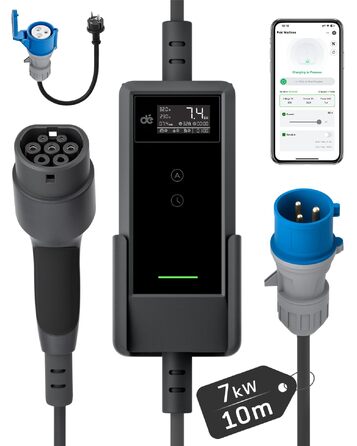 Мобільна зарядна станція Wallbox 7.4кВт для електромобілів Typ 2 CEE, кабель 10м, 1-фазна, 6-32A з керуванням через додаток (APP) для Tesla Model Y/3, VW ID.3/4/5/7, Skoda Enyaq/Elroq та інших BEV/PHEV