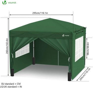 VOUNOT® Gazebo 3x3m with 4 Side Walls & 4 Sandbags, Pop Up Folding Gazebo, Foldable Garden Tent Party Tent, including Bag, Grey (Green + 4 Side Walls)