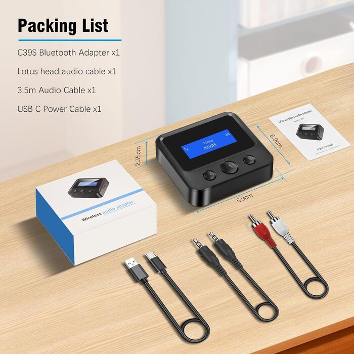 Bluetooth 5.1 Передавач/Приймач Аудіо: 2-в-1 Адаптер для ТВ, Стерео, AUX, RCA, з дисплеєм та низькою затримкою