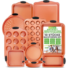 Набір для випічки Nutrichef 10 предметів з антипригарним покриттям. Включає: форма для кексів, форма для тортів, дека для піци, форма для мафінів, форма для хліба та інше. Можна мити в посудомийній машині, складається. Чорний (мідний)