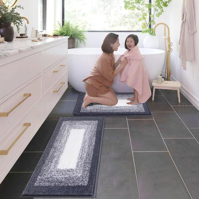 Enyhom Super Soft Microfiber Bath Mats - Absorbent, Non-Slip, Machine Washable Rugs for Bathroom & Shower (45x65 + 45x120 cm, Dark Grey)