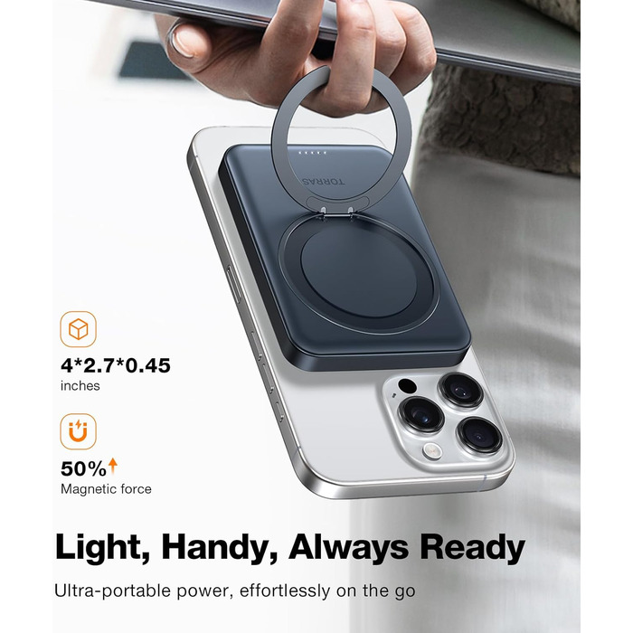 Power Bank TORRAS 5000mAh з MagSafe та кільцем для iPhone 16/15/14/13/12. Бездротовий, USB-C, чорний