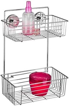 WENKO Vacuum-Loc 2-Tier Shelf, Bari, Wall Shelf for Bathroom and Kitchen, Drilling-Free Mounting with Vacuum, Chrome-Plated Metal, 26 x 38 x 17 cm