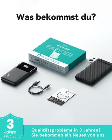 Power Bank INIU, 10000mAh, Швидка зарядка USB-C, PD3.0 QC4.0, Сумісний з iPhone, Samsung, iPad, Чорний