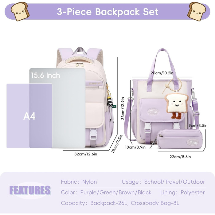 Шкільний рюкзак Tanou для дівчаток-підлітків, набір шкільних сумок з сумкою через плече та пеналом, дитячий рюкзак для школи, повсякденний, зелений (фіолетовий)