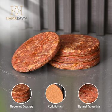 HAMAKAWA Genuine Natural Marble Coasters, Set of 4, Red Stone Coasters Φ10cm, Modern Round Travertine Drink Coasters for Home Decoration, Coffee Table, Office