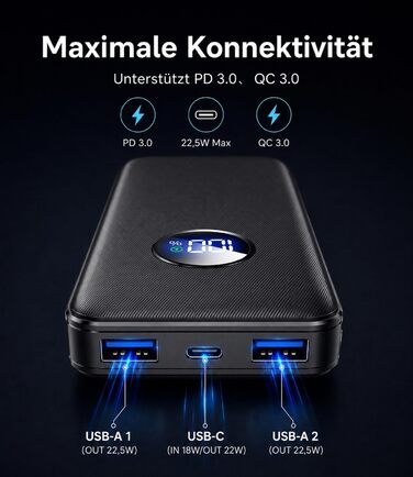 Power Bank 26800mAh 22.5W з 3 портами (USB-C PD 3.0, QC 3.0, USB-A) – Зовнішній акумулятор для iPhone, Samsung, iPad, компактний, авіаперевезення