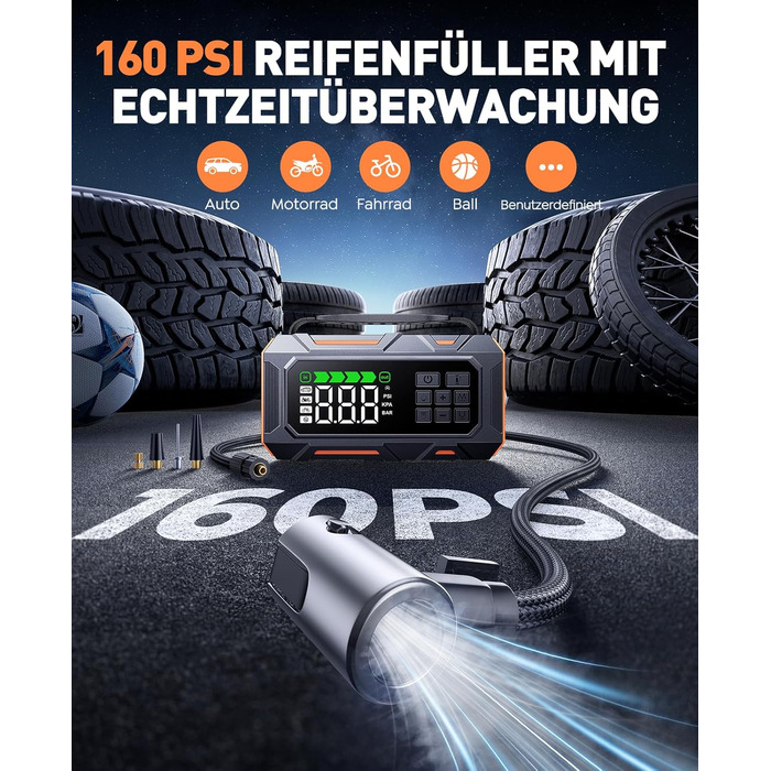 Powerbank для авто 26800mAh 7000A з компресором 160PSI, старт допомога, 5 LED, набір для ремонту шин, молоток, підтримка бензину/дизеля