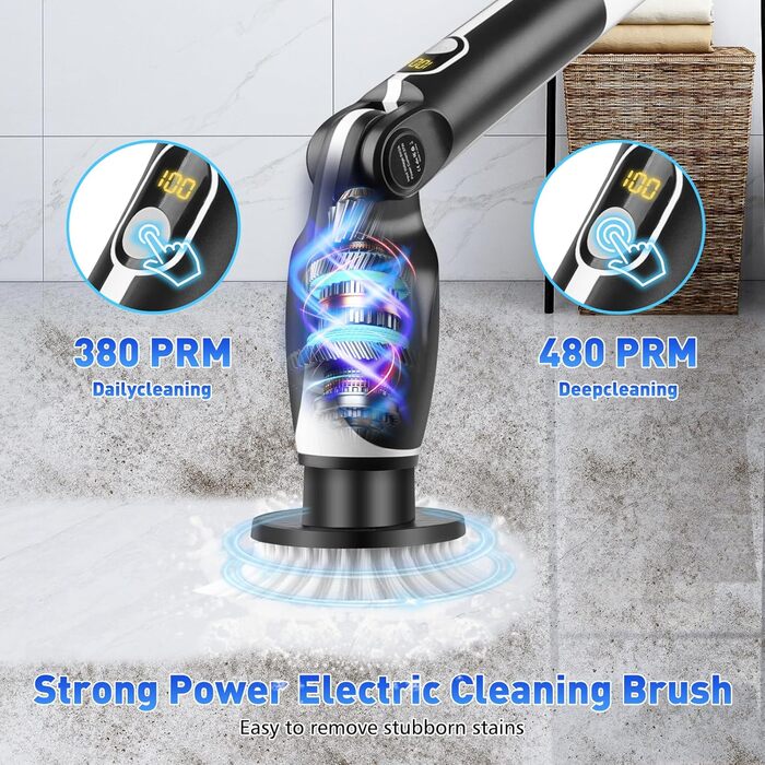 Електрична щітка для прибирання з 8 насадок, включаючи щітку для унітазу. 2 швидкості, регульована ручка для ванної, кухні, авто