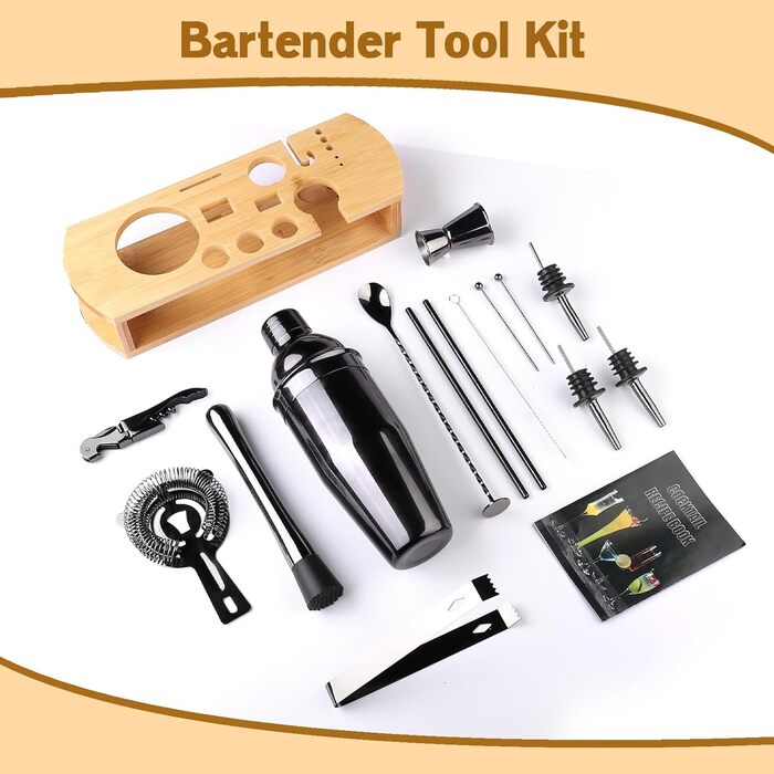 Stainless Steel Cocktail Mix Set - 14 Piece Bartender Kit with Bamboo Stand - 750ml Cocktail Shaker Set - Perfect Gift