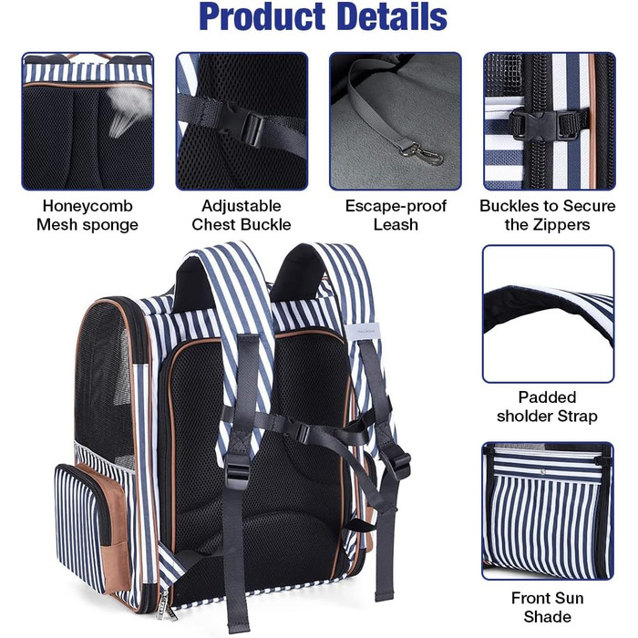 Рюкзак для кота Lekebobor, розширюваний, переноска для тварин, для маленьких собак та середніх котів до 8 кг, складний, для подорожей та походів, блакитний в смужку, 12.6'L x 11.2'W x 16.5'H - L