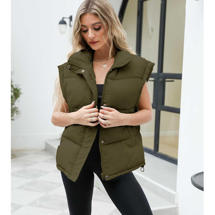 Жіноча пухова жилетка Ainangua з коміром-стійкою, блискавкою, без рукавів, тепла, зимова, легка, утеплена, оливковий (S)