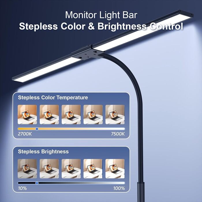 LED лампа настільна з регулюванням яскравості - 1500LM 24W, кріплення-прищіпка, з пультом, гнушкий 80см шнур, USB-порт, для офісу та дому (Чорний)