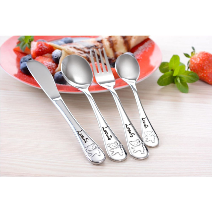 Дитячий столовий прилад Kinderbesteck з гравіюванням імені/мотива 'Teddy Bärchen' (ведмедик), 1 або 4 шт. у наборі, з нержавіючої сталі, гравіювання стильною літерою