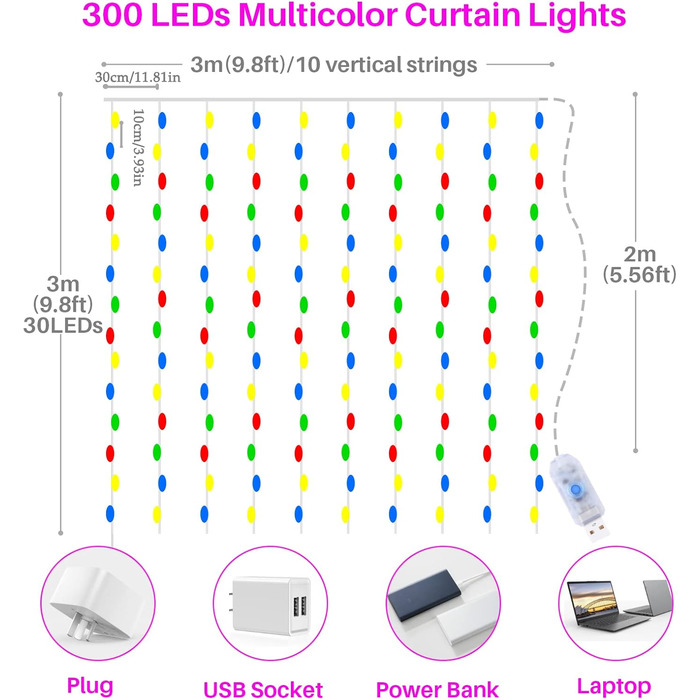 Лямпас LED 3x3м: 300 LED, тепле світло, 8 режимів, IP65, для дому та саду, декор для вечірки, весілля, Різдва
