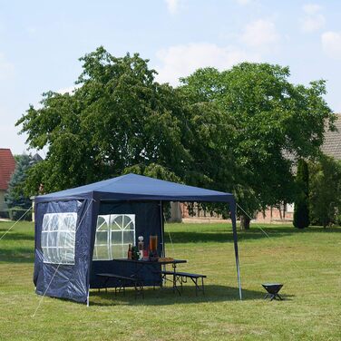 Relaxdays Gazebo 3x3 m, 2 Side Panels, Metal Frame, PE Fabric, Windows, Festival Party Tent, Enclosed, Blue