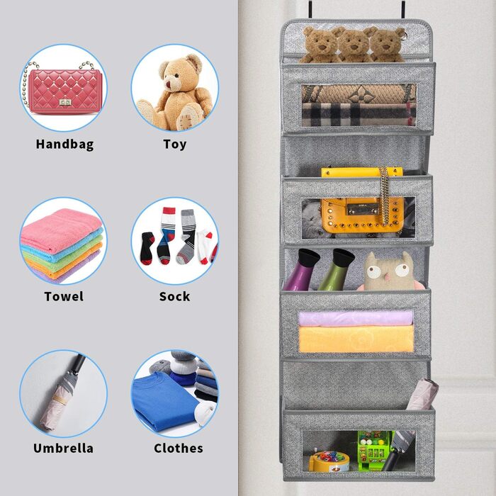 Настінна полиця-органайзер BrilliantJo з тканини, 4 великі кишені, 2 гачки, сірий колір, для ванної, дитячої кімнати, вітальні, спальні