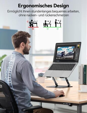 Підставка для ноутбука TECKNET, регульована по висоті, ергономічна, складна, портативна, з вентиляцією, сумісна з ноутбуками та планшетами 11-17.3 дюймів (чорна)