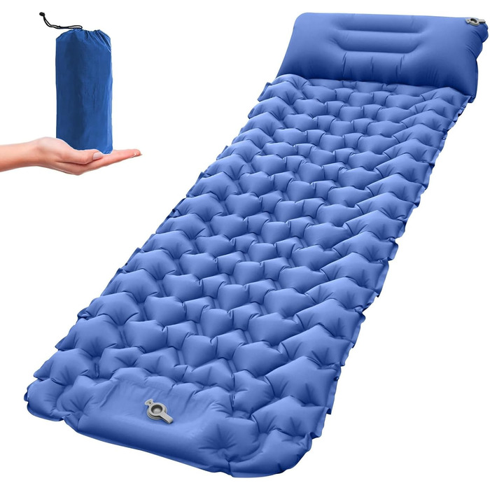 Каремат JINYOMFLY самонадувний туристичний, посилений, з насосом та подушкою, водонепроникний, ультралегкий для кемпінгу, піших прогулянок, відпочинку на природі (Блакитний)