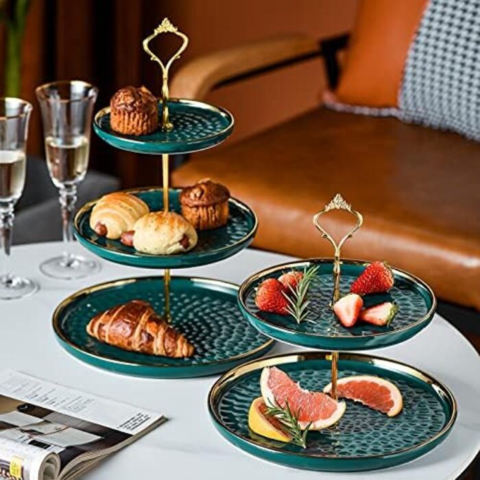 Підставка для капкейків та десертів з кераміки, 3-ярусна, зелена | Підставка для фруктів та тістечок