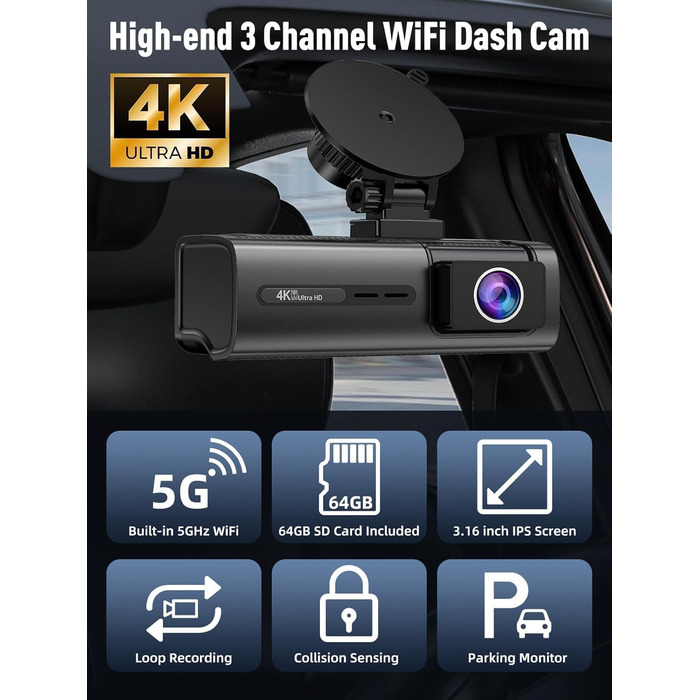 3-канальний автомобільний відеореєстратор 4K+1080P+1080P (передній, задній, салонний), 5GHz WiFi, 3.16
