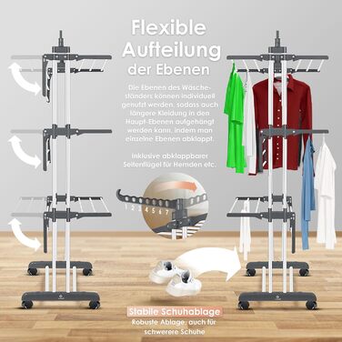 Кюссер® Сушилка для білизни з колесами - Турбо-модель, 4 яруси, 2 обертові крила, 6 склавних секцій, білий/антрацитовий