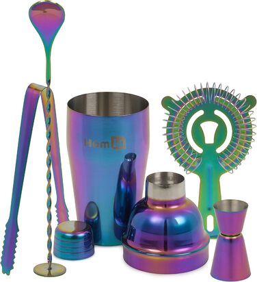 Homiu Stainless Steel Cocktail Shaker Set (550ml) with Rainbow Design, shimmering stainless steel, 5-piece: strainer, 2 jiggers (15/30ml)